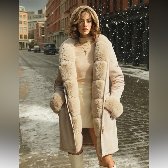 Luxury faux fur lined parka coat beige long winter jacket hood soft warm - Picture 6 of 7